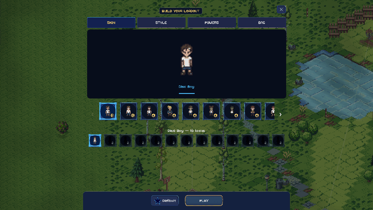 The loadout screen's skin tab: a row of characters and Disc Boy's thirteen looks below