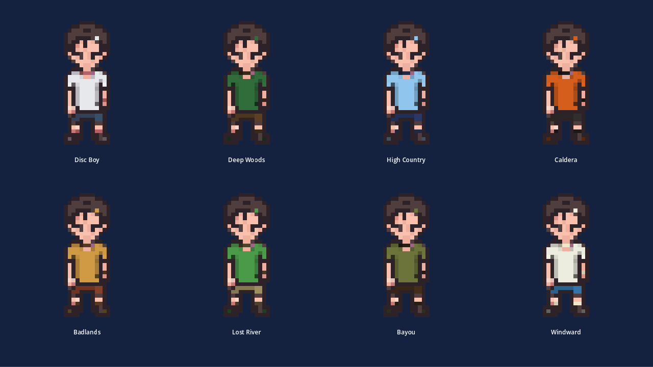 Disc Boy in his base look and the costume from every one of the seven course packs: Deep Woods, High Country, Caldera, Badlands, Lost River, Bayou and Windward